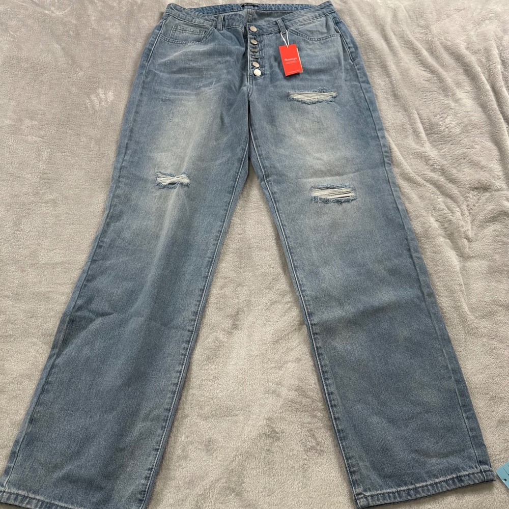 Flamingo Straight Leg Jeans Womens XL Light Blue Distressed Button Fly 202424